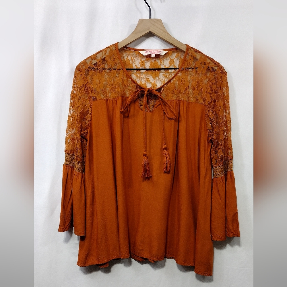 All About You Lace Floral Babydoll Top Women's L Orange Boho Retro 90s Y2K